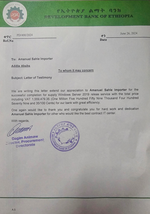 Development Bank of Ethiopia testimonial letter