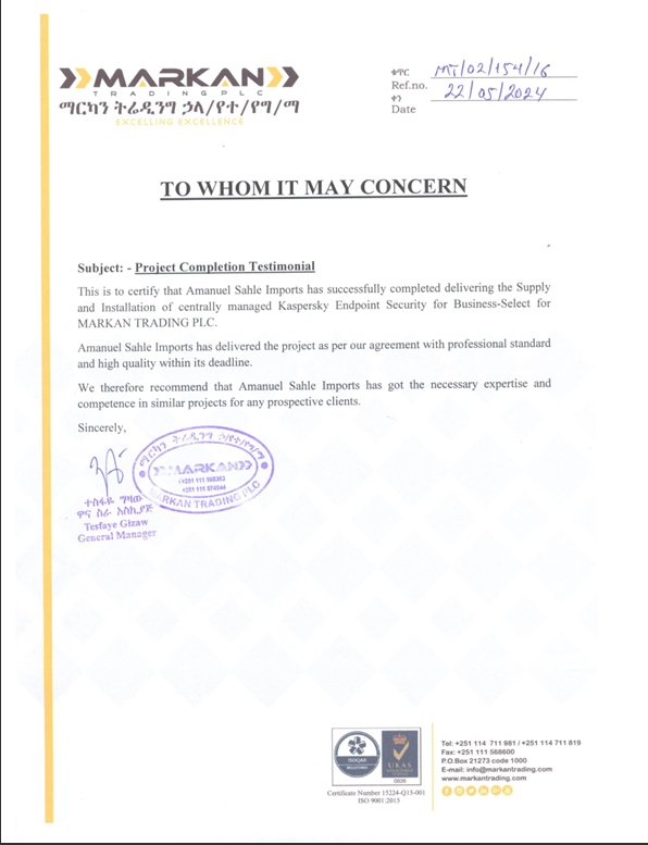 Markan Trading PLC testimonial letter