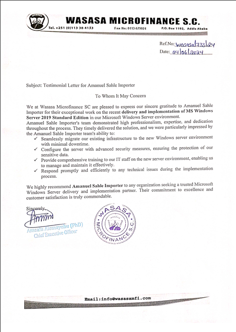 Wasasa Microfinance S.C testimonial letter